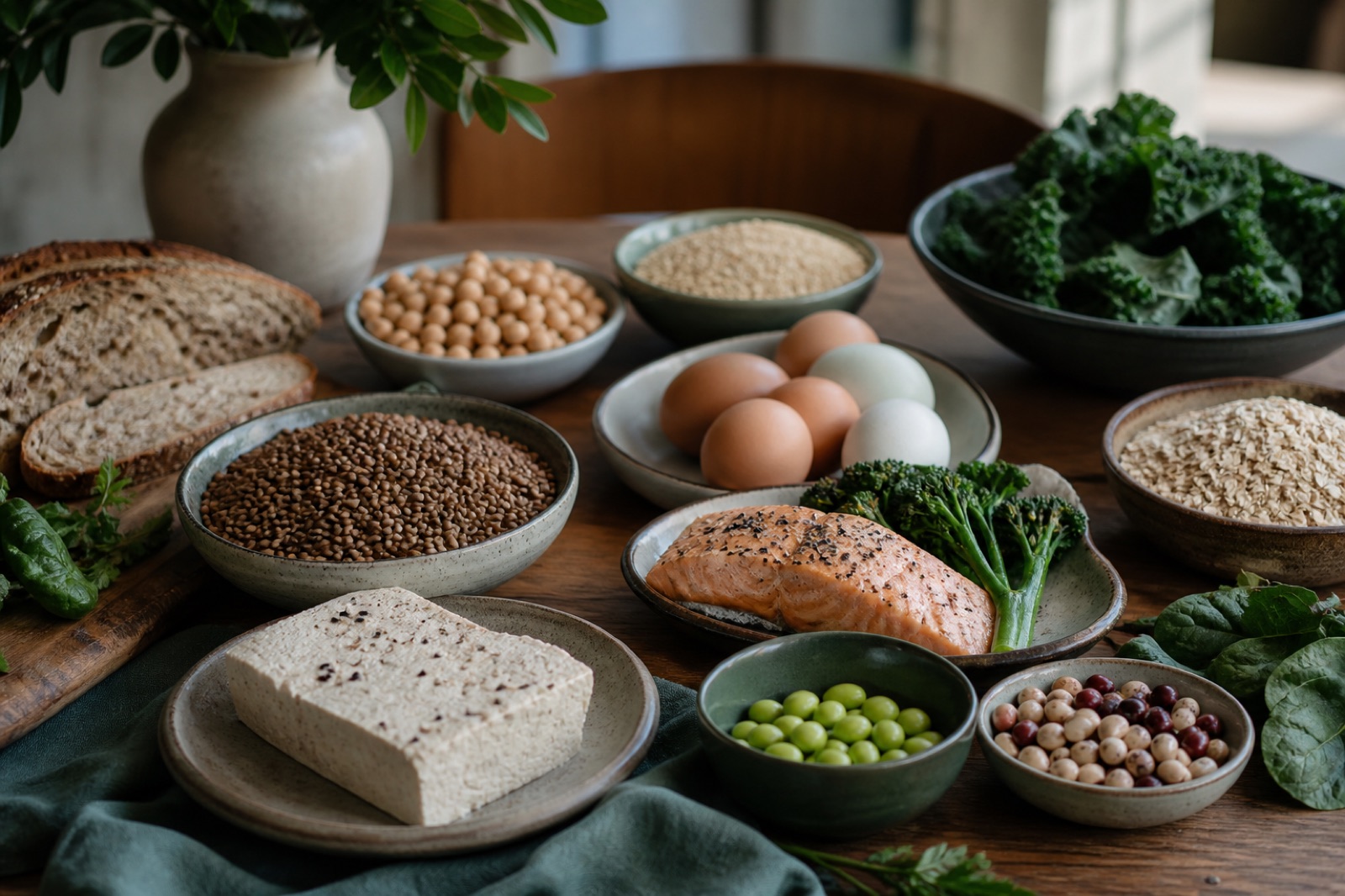 A balanced collection of plant and animal protein foods