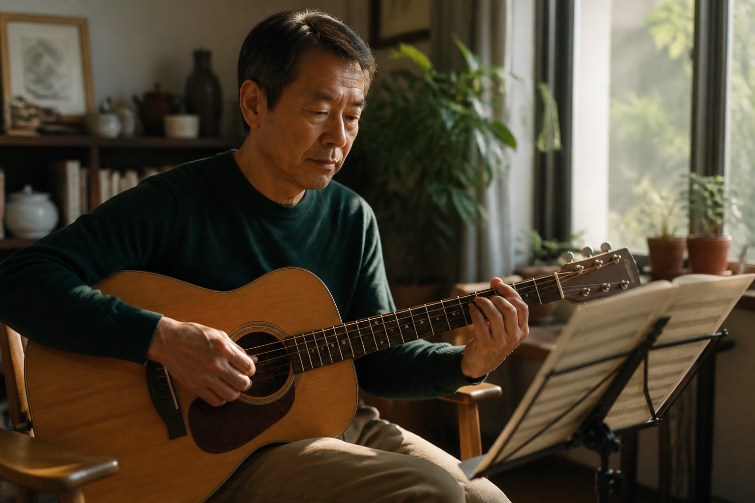 A mature adult learning a new musical instrument beside a sunlit window