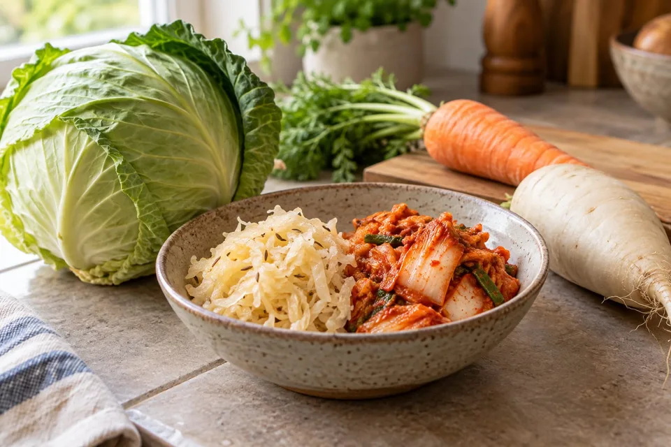 A bowl of fermented cabbage and kimchi beside fresh vegetables on a kitchen counter