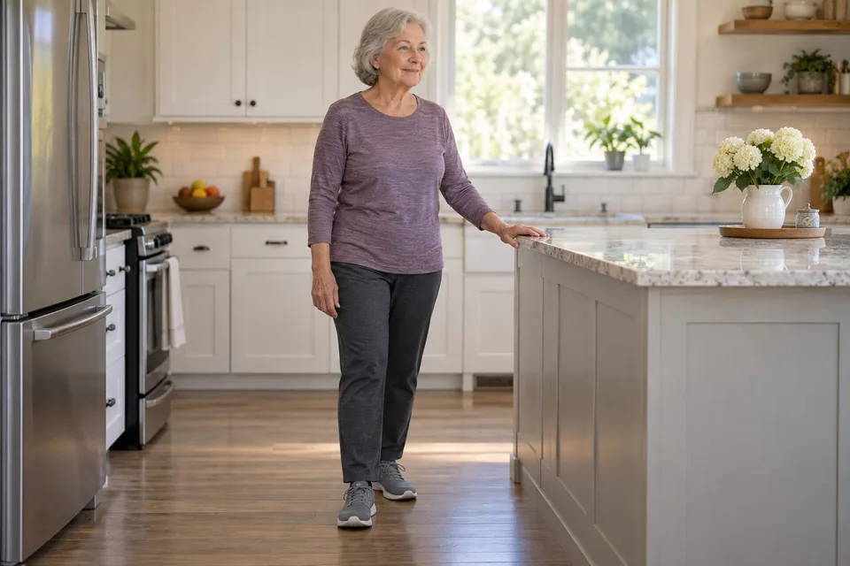 An older adult practicing a supported standing balance position while holding a sturdy kitchen counter
